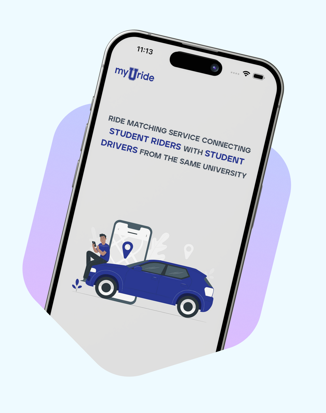 myUride app screen: ride matching service connecting student riders with student drivers