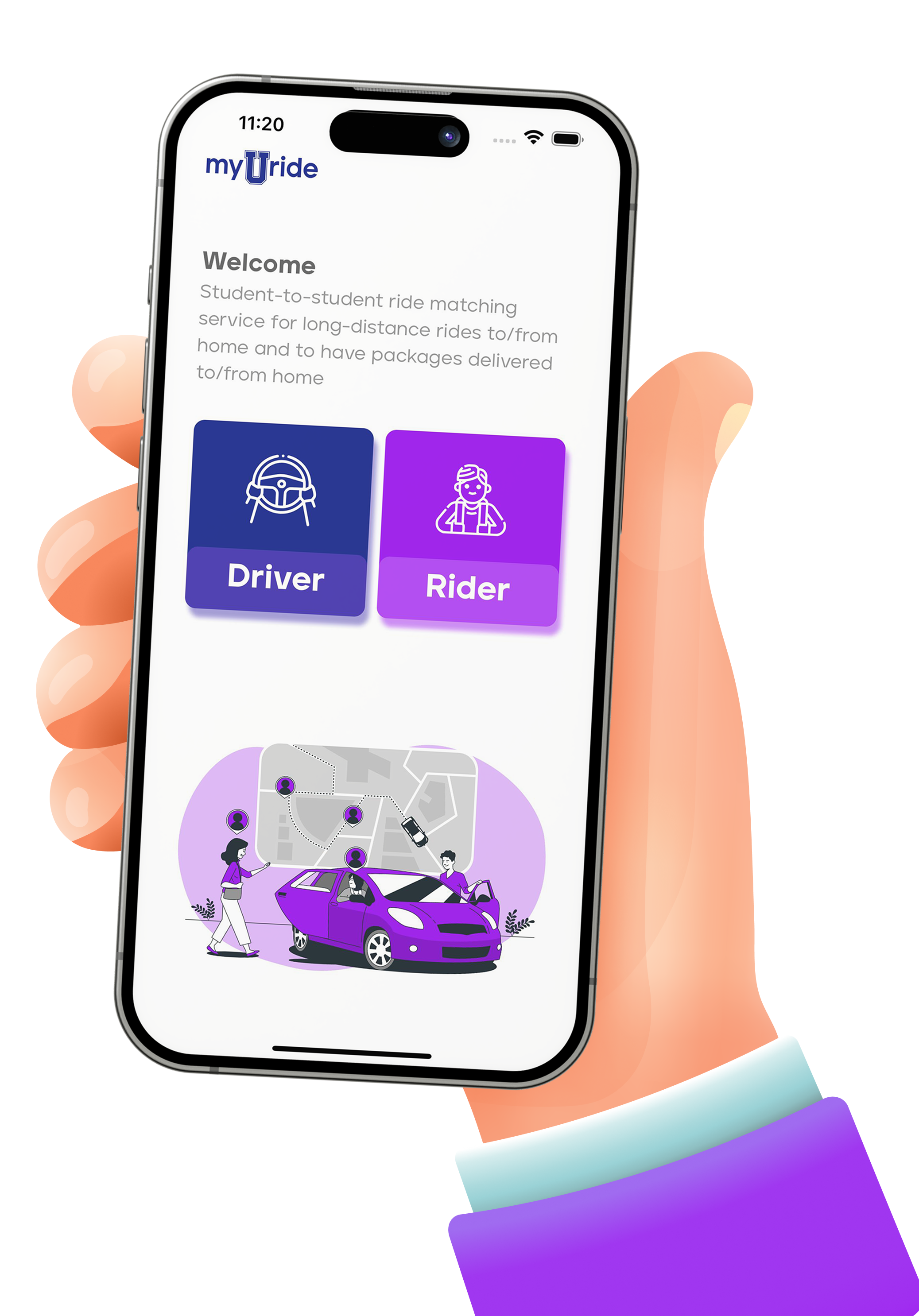 Hand holding a phone showing the myUride app